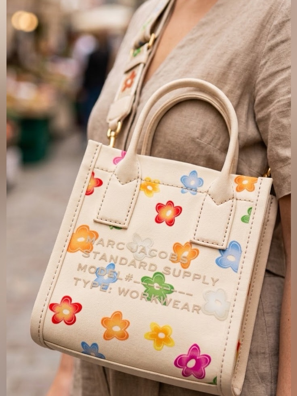 Marc Jacobs Cream Canvas Mini Tote with Multicolor Floral Motif